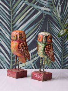 Red and Green Reclaimed Wood Owls