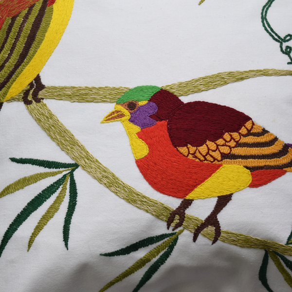 Colourful Birds, embroidery details in red, purple, green and yellow