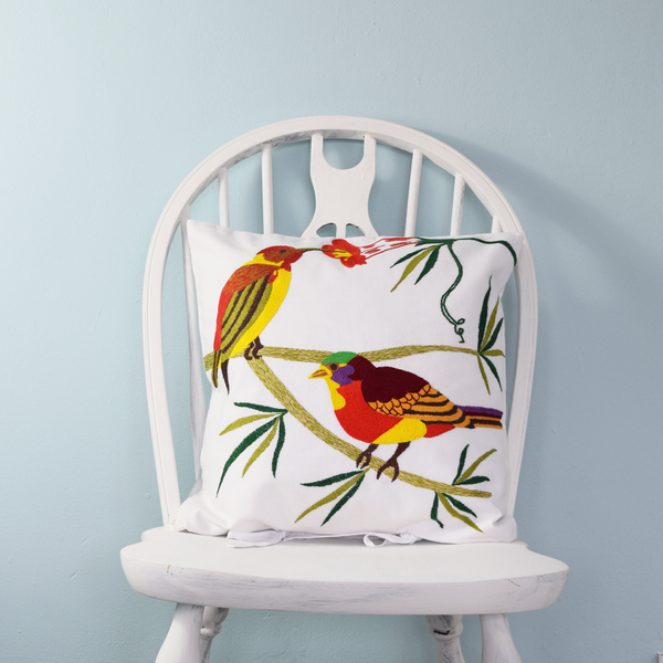 Colourful Birds, Embroidered Cushion Cover 16" x 16"