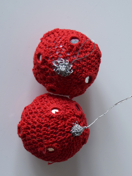 Pair of Red Crochet Christmas Baubles with Mirrors
