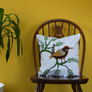 Brown bird, Embroidered Cushion Cover 16" x 16"