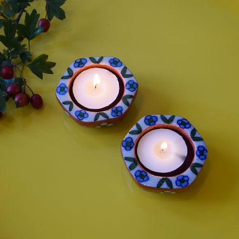 terracotta and blue small tealight holders