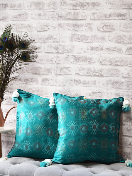 Firozi Turquoise Blue Silk Ikat Cushion Covers