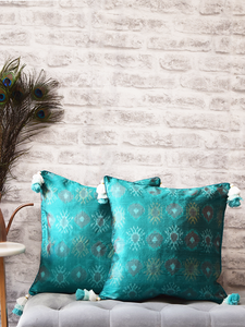 Firozi Turquoise Blue Silk Ikat Cushion Covers with tassles