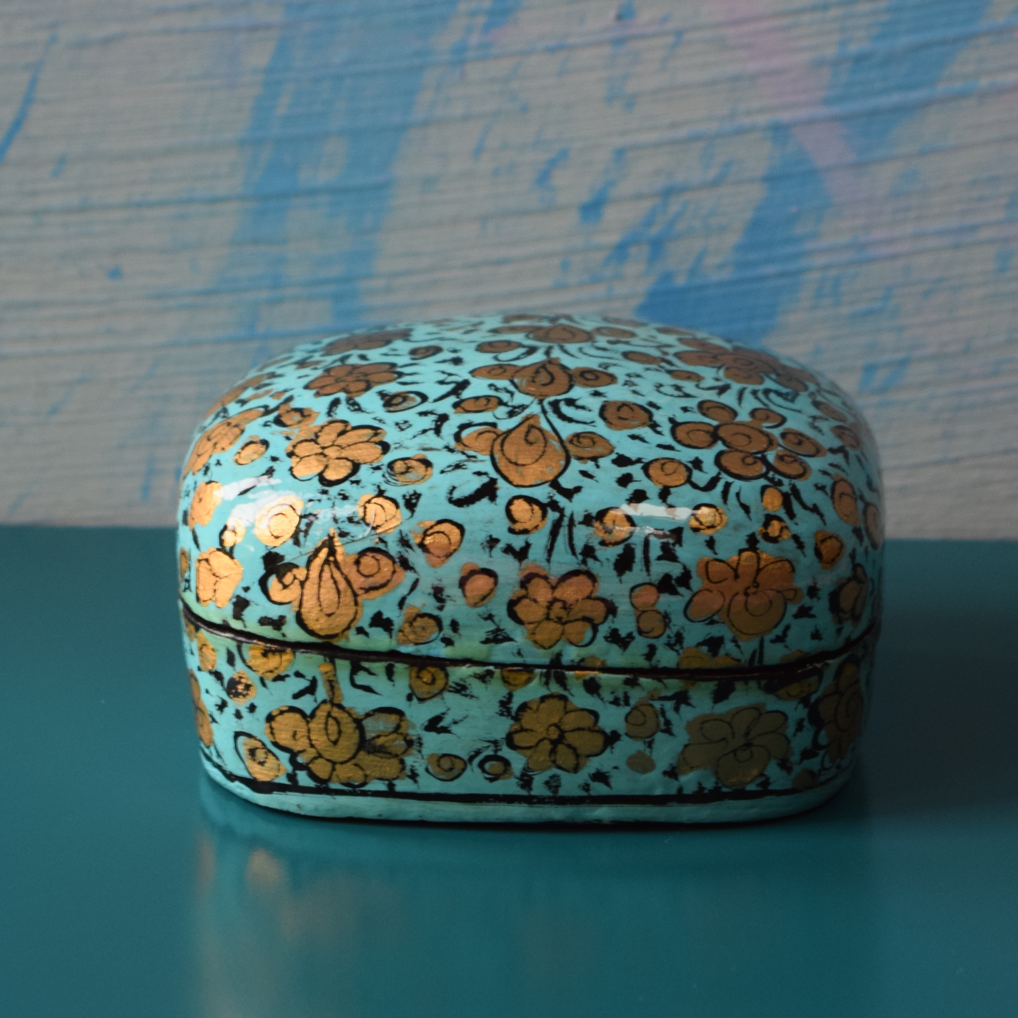 Turquoise and Gold Floral Paper Mache Box (Small) with black detailing