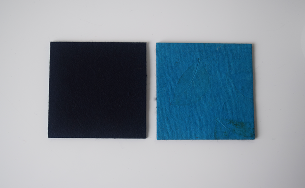 turquoise coasters with benjamin leaf imprint- with blue felt backing