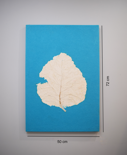 Turquoise wall poster with teak leaf imprint with measurements