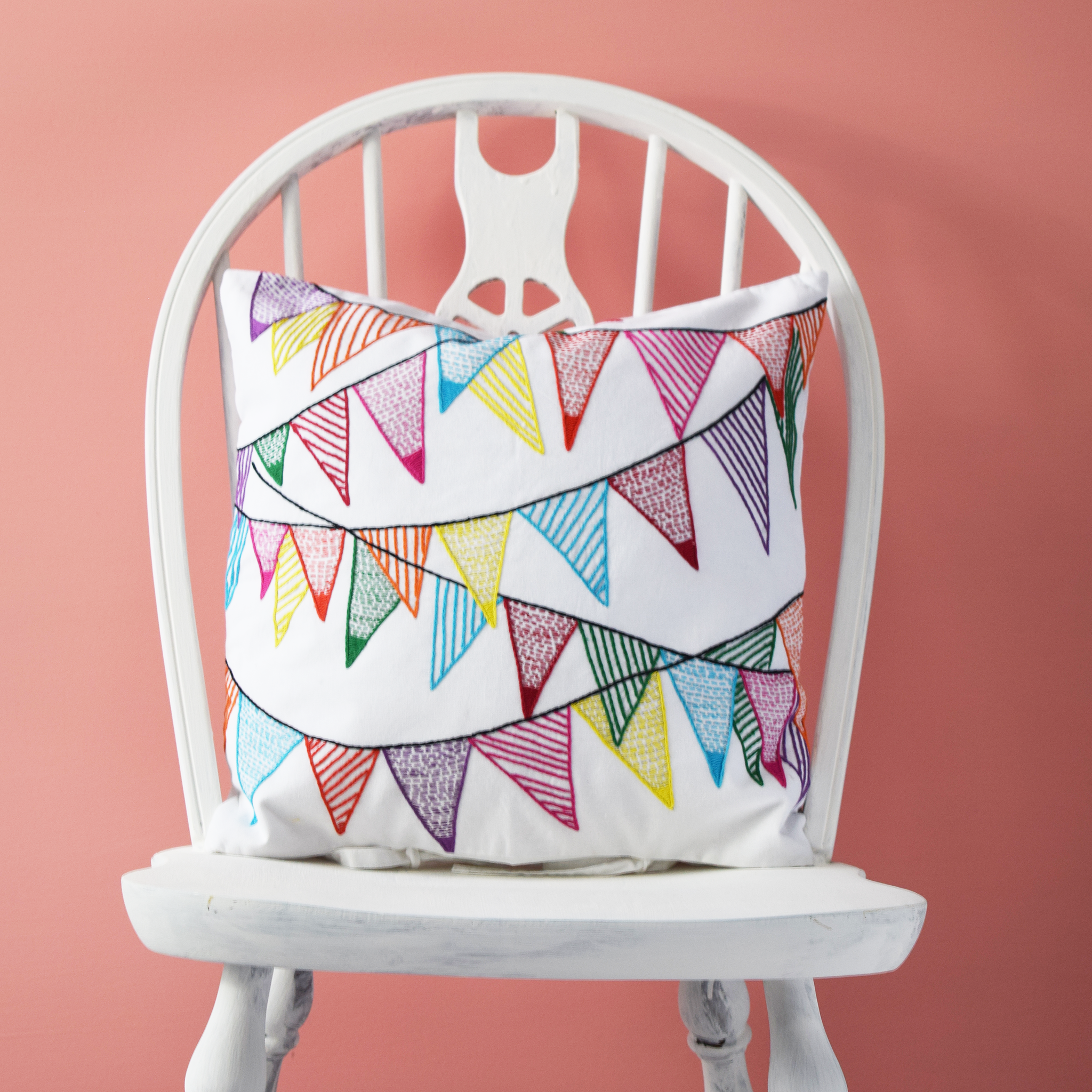 Colourful Bunting, Embroidered Cushion Cover 16" x 16"