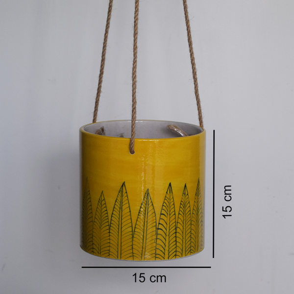 Pattee, yellow hanging planter with black leaf pattern -with measurements