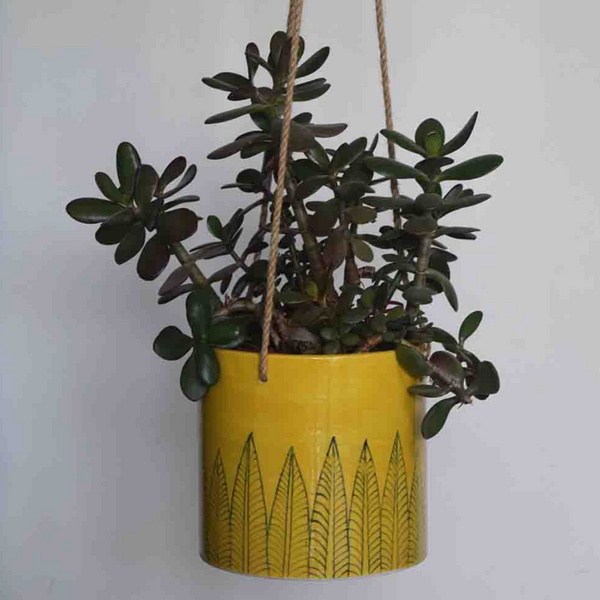 Pattee, yellow hanging planter with black leaf pattern -with a plant