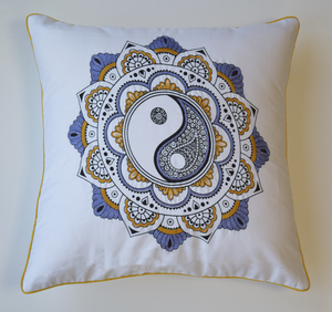 Embroidered Yin Yang cushion cover in Ochre/mustard and lilac combination