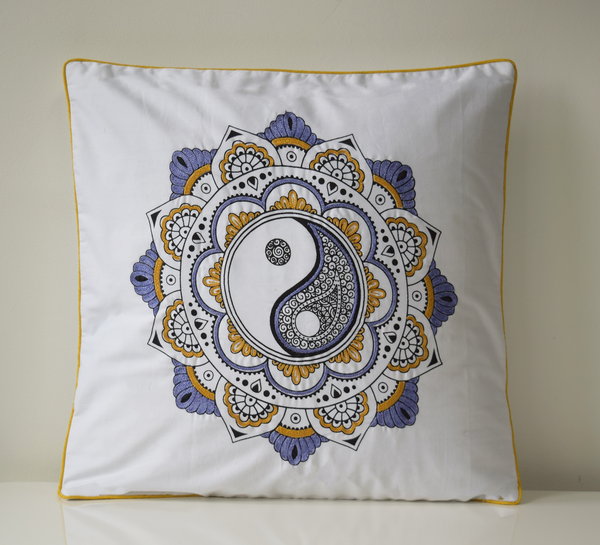 Embroidered Yin Yang cushion cover in Ochre/mustard and lilac combination