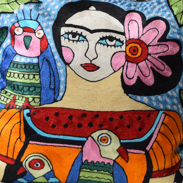 details of colourful Frida with Parrots abstract hand-embroidered cushion