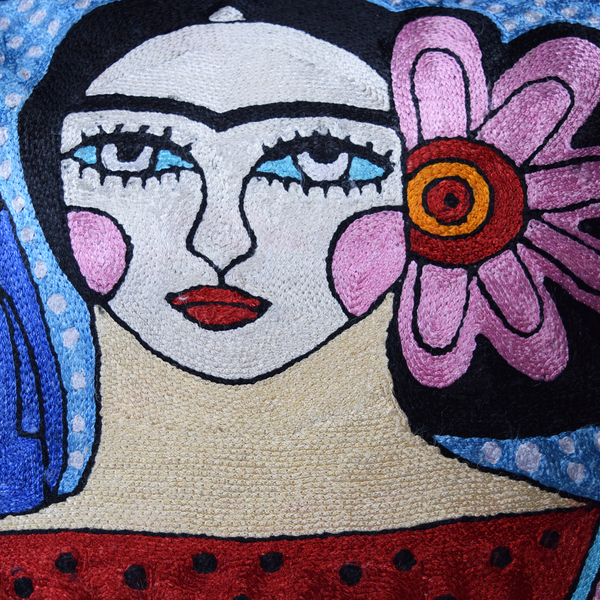 details of Colourful Frida with Parrots abstract hand-embroidered cushion