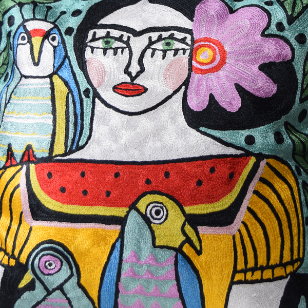 Colourful Frida with Parrots with green eyes abstract hand-embroidered cushion