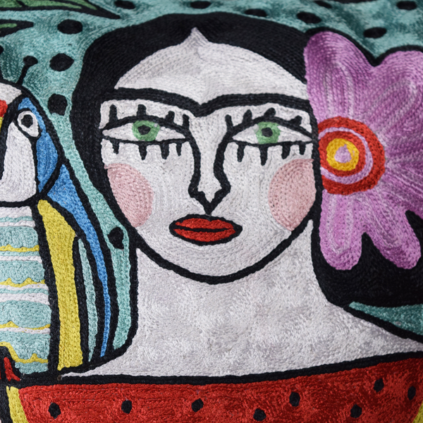 Colourful Frida with Parrots with green eyes abstract hand-embroidered cushion
