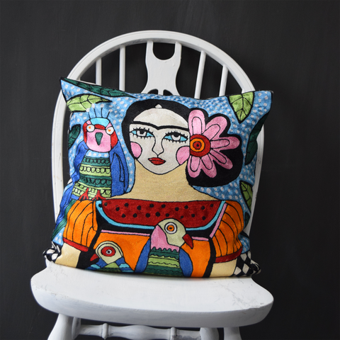 Colourful Frida with Parrots abstract hand-embroidered cushion
