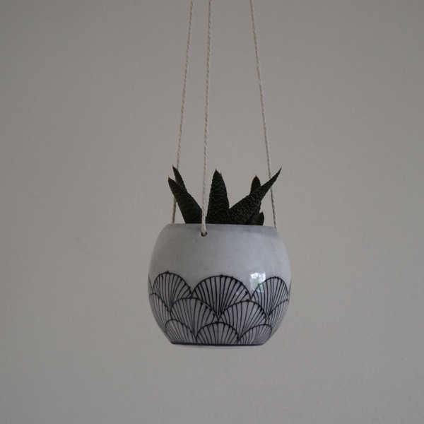 black and white fan pattern hanging mini succulent planter