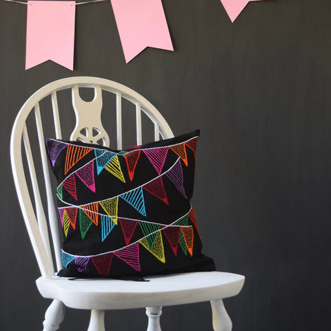 Colourful Bunting on Black Cushion Cover