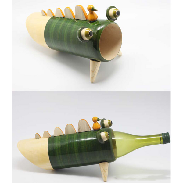 green wooden crocodile wine bottle holder