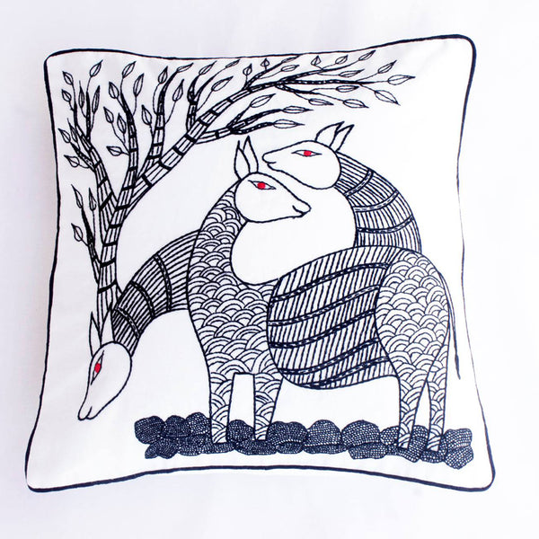 Black and White Deer, Embroidered Cushion Cover 16" x 16"