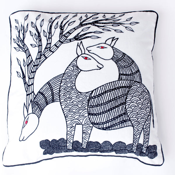 Black and White Deer, Embroidered Cushion Cover 16" x 16"