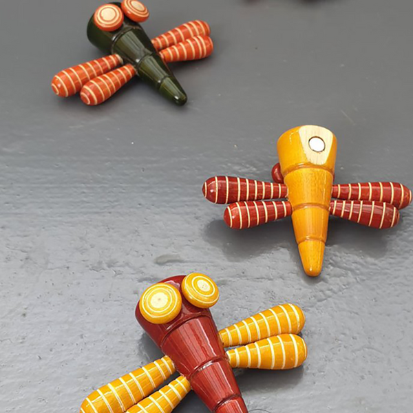 Set of 3 colourful wooden dragonfly magnets