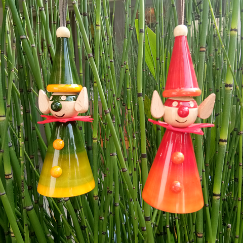 red -orange and green-yellow Elf Christmas ornaments