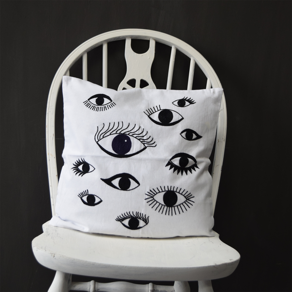 'Eyes' hand embroidered cushion cover 16" x 16"