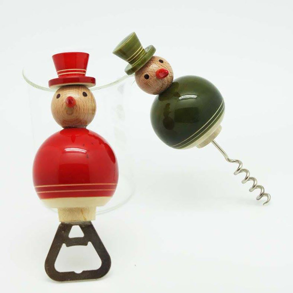 Red and Green Snowmen Bottle and Cork Opener Set