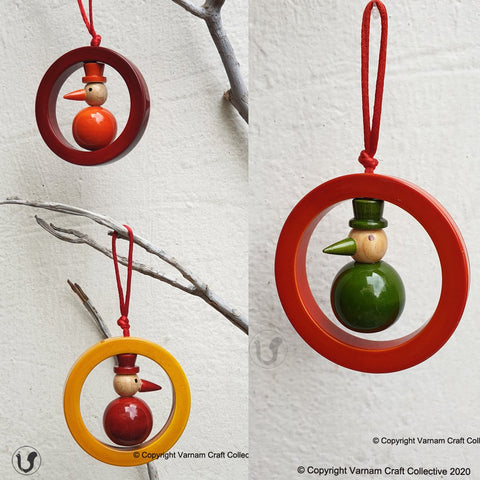 yellow, red and orange wooden snowman Christmas ornaments