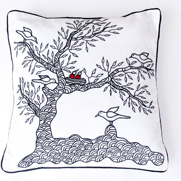 Gond Birds, Embroidered Cushion Cover 16" x 16"
