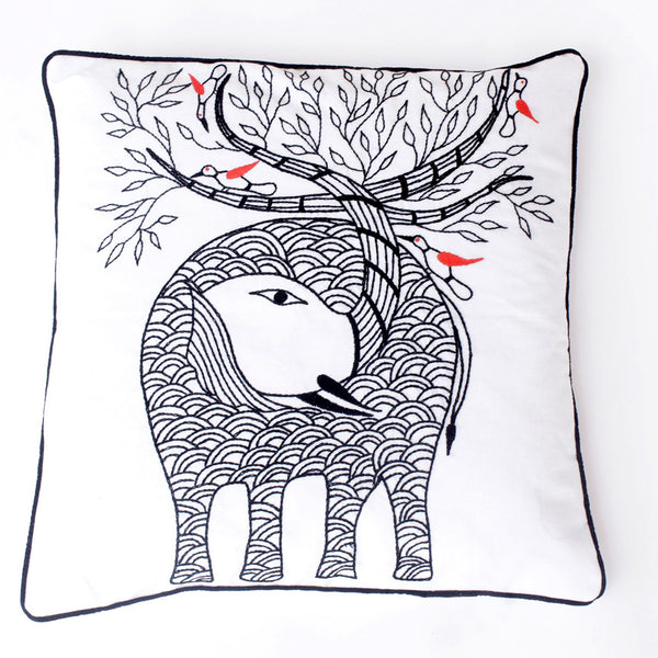 Black and White Elephant, Embroidered Cushion Cover 16" x 16"
