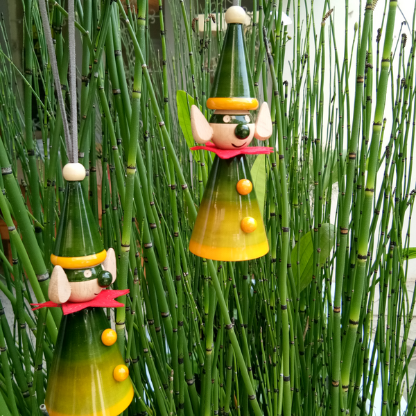 green-yellow wooden elf Christmas ornament