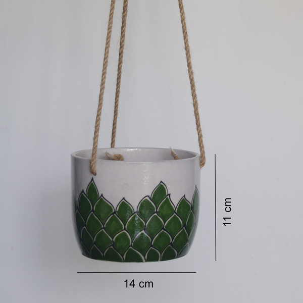 Phool, green and white floral patterned hanging planter -with measurements