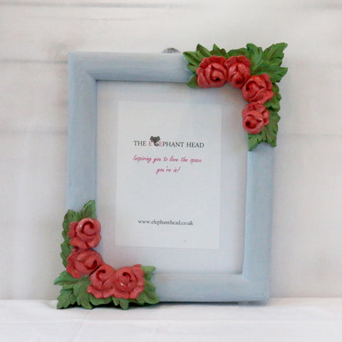 Teak wood rose picture frame-light blue and pink