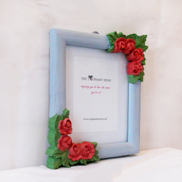 light blue and peach roses picture frame side view