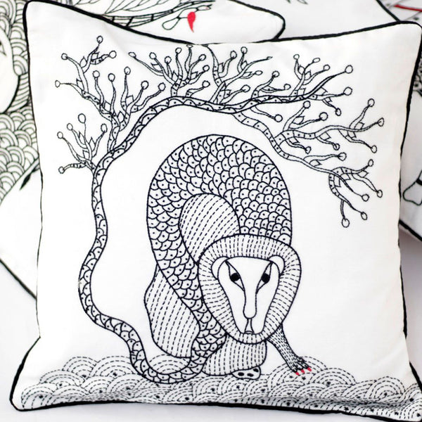 Black and White Lion, Embroidered Cushion Cover