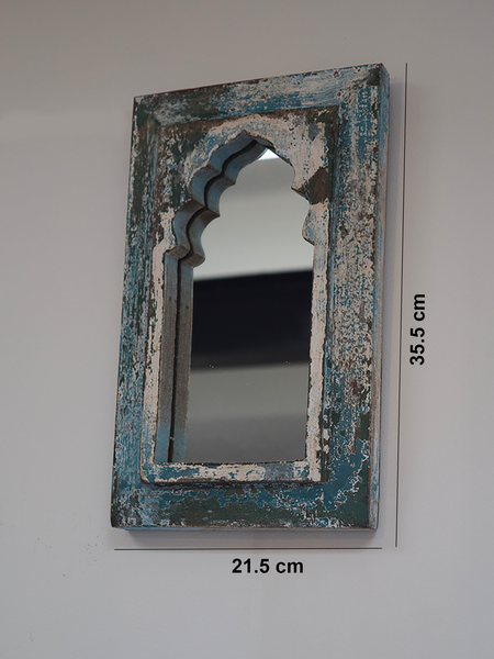 distressed blue minaret mirror with measurements
