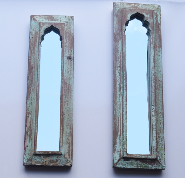 mint rustic distressed mirrors on wall pair