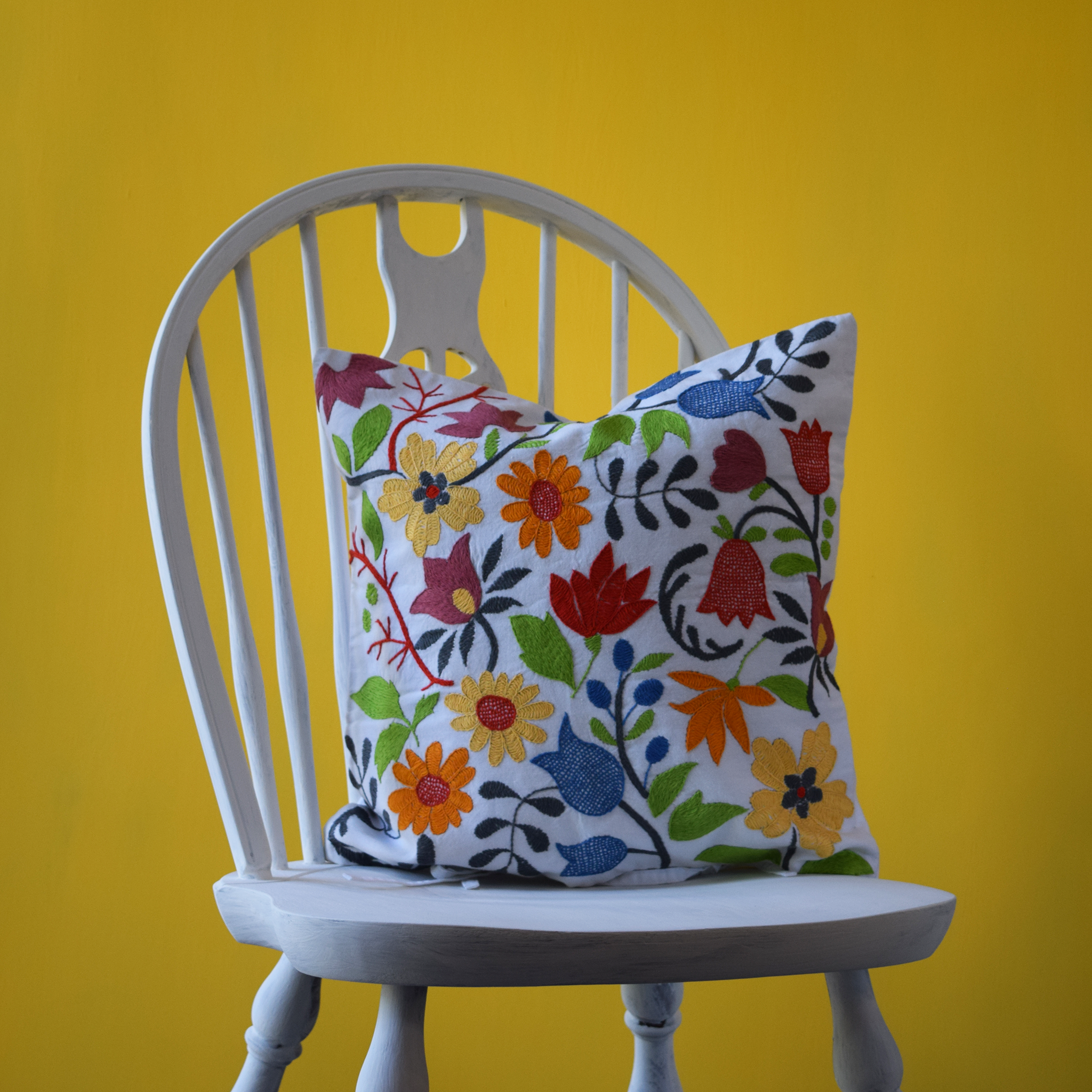 Vibrant Florals, Embroidered Cushion Cover 16" x 16"
