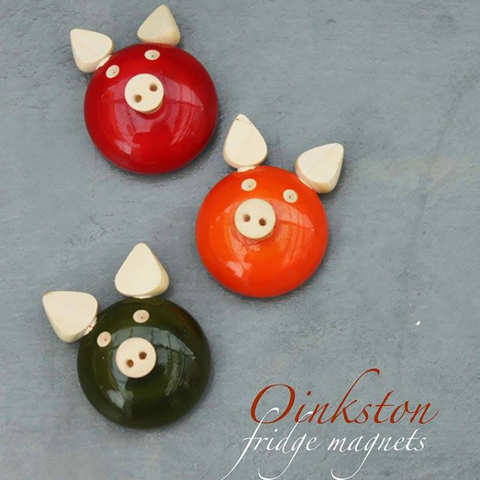 red, green, orange oinkston fridge magnets
