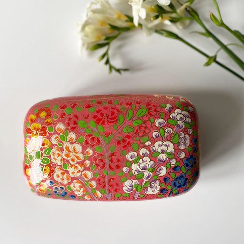 Peach floral Paper mache box with white, blue flower patterns