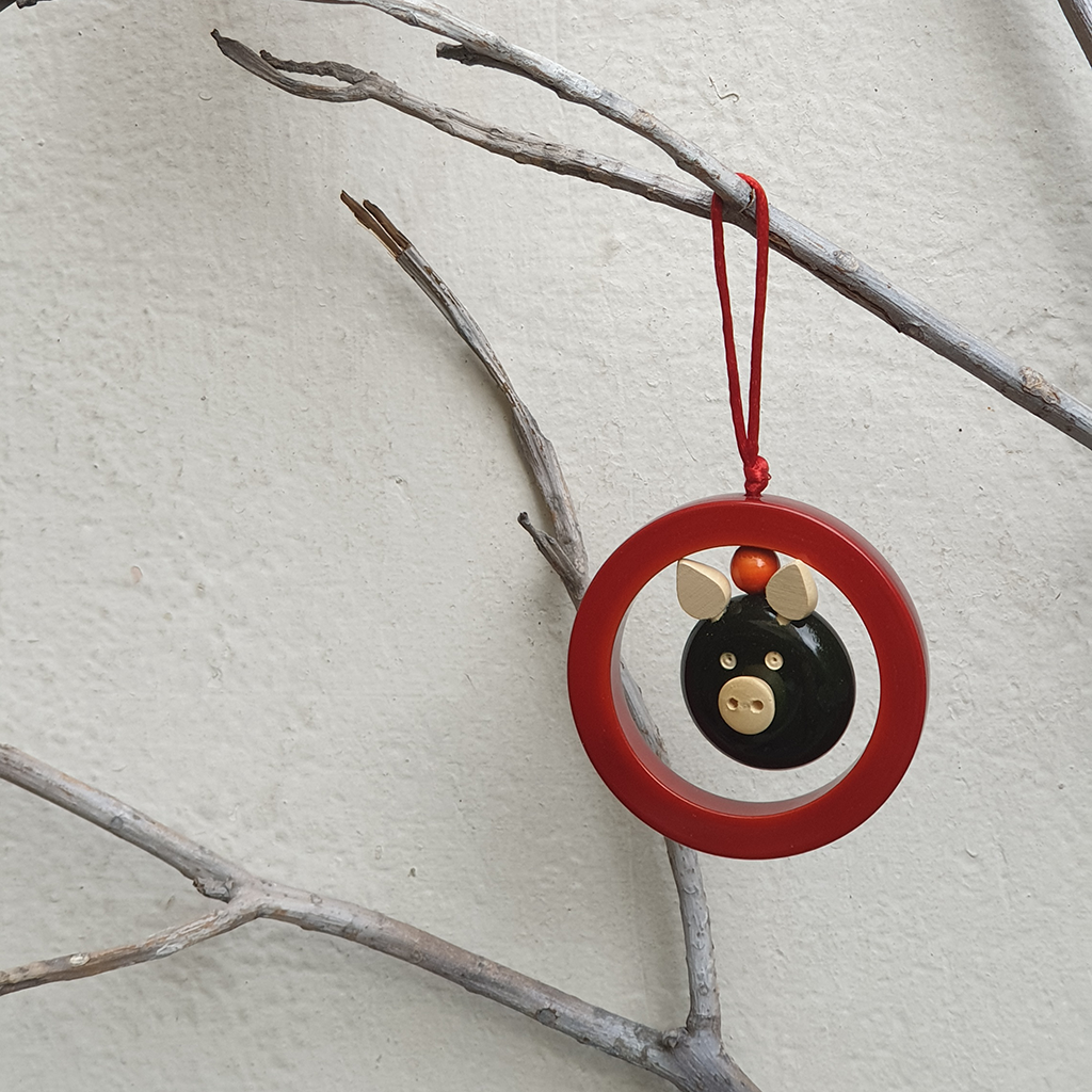 Red Oink-in-a-ring Christmas ornament