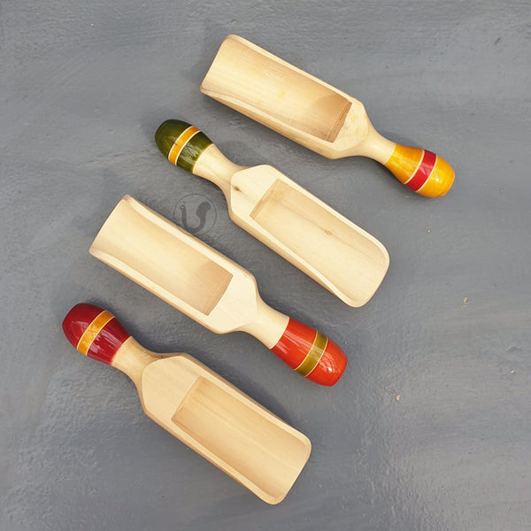 4 wooden scoops, orange, red, green and yellow