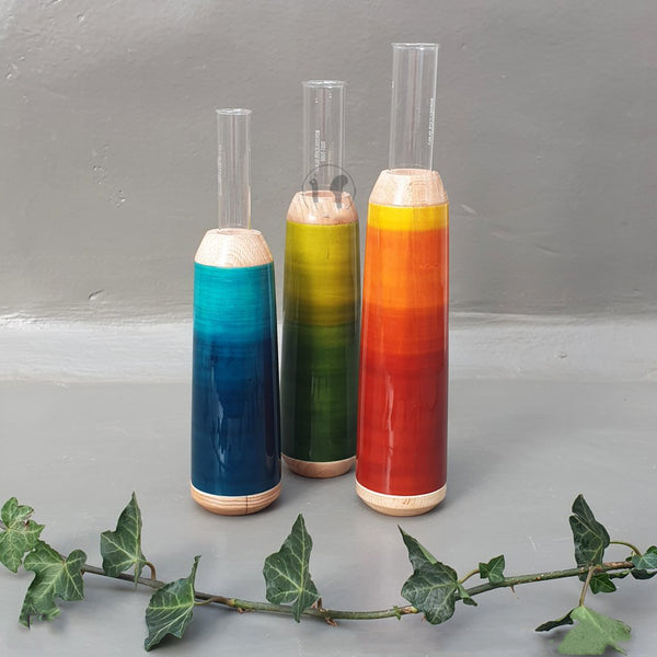 red, green and blue wooden test tube vases
