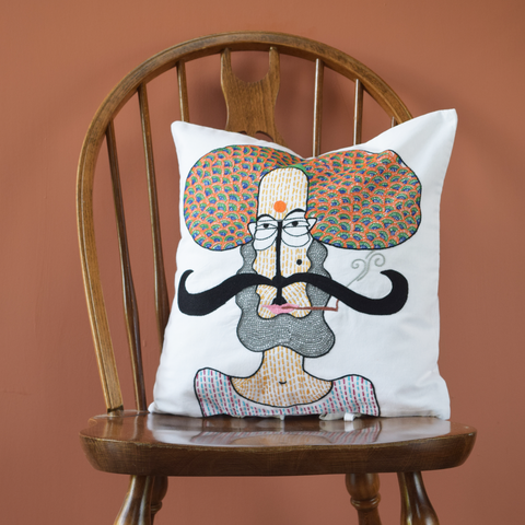 Turbaned Indian Man, Embroidered Cushion Cover 16" x 16"
