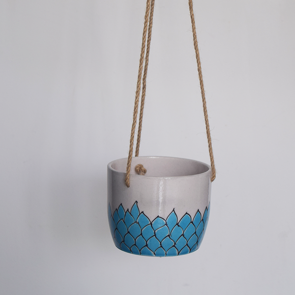 Phool, turquoise and white floral patterned hanging planter