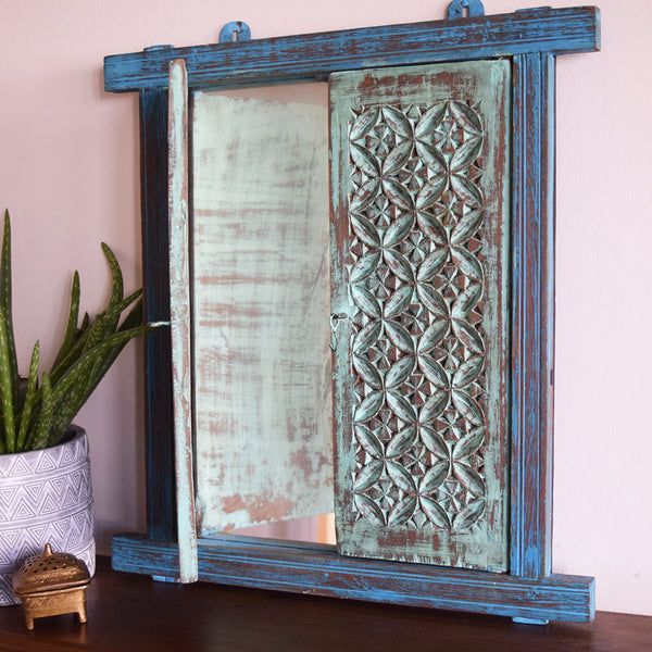 Blue Vintage Indian Window with Mirror