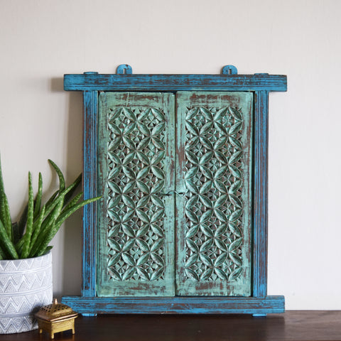 Blue Vintage Indian Window with Mirror